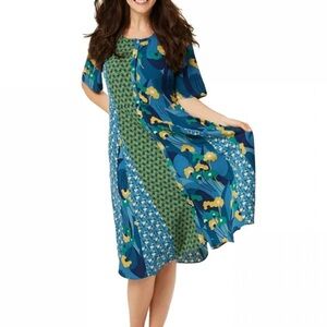 LOGO BY LORI GOLDSTEIN WOMEN'S WOVEN MIXED PRINT DRESS Floral Blue and Green XL